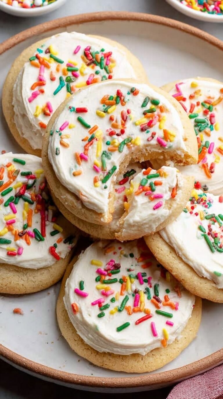 Soft frosted sugar cookies with natural sprinkles on a white plate