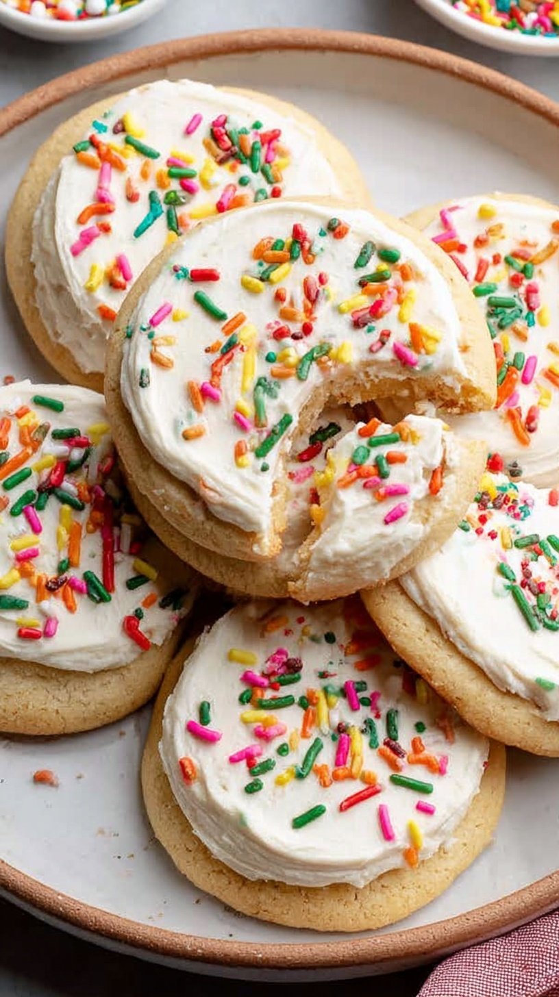 Soft frosted sugar cookies with natural sprinkles on a white plate
