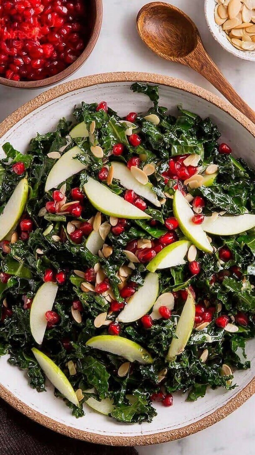 A bright green kale salad topped with red pomegranate arils, white feta, and toasted walnuts in a wooden bowl.