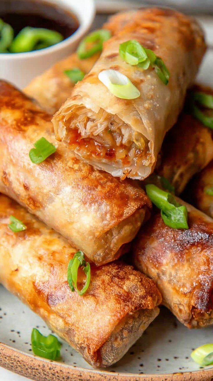 Golden brown and crispy spring rolls stacked on a plate with dipping sauce.