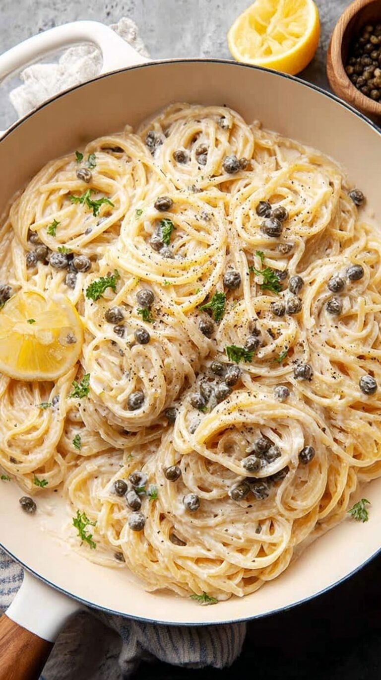 A bowl of creamy lemon caper pasta with fresh parsley and parmesan cheese