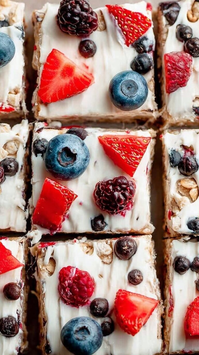 Close up of sliced frozen yogurt granola bars with blueberries and chocolate chips on parchment paper