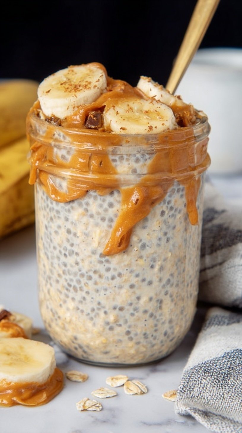 A glass jar filled with creamy peanut butter banana overnight oats topped with fresh fruit