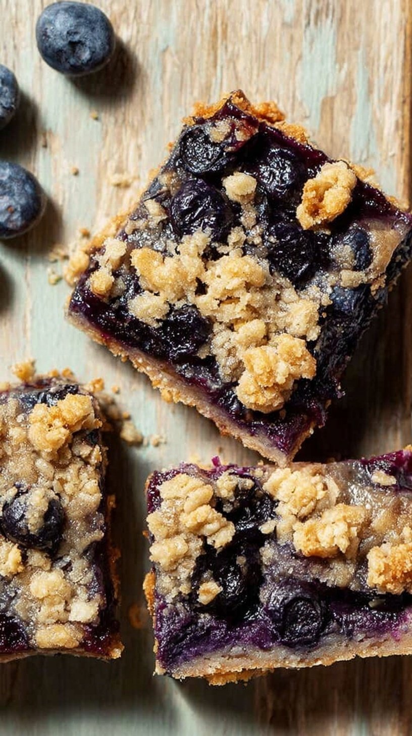 A close up of healthy blueberry crumble bars with a golden oat topping and jammy purple filling