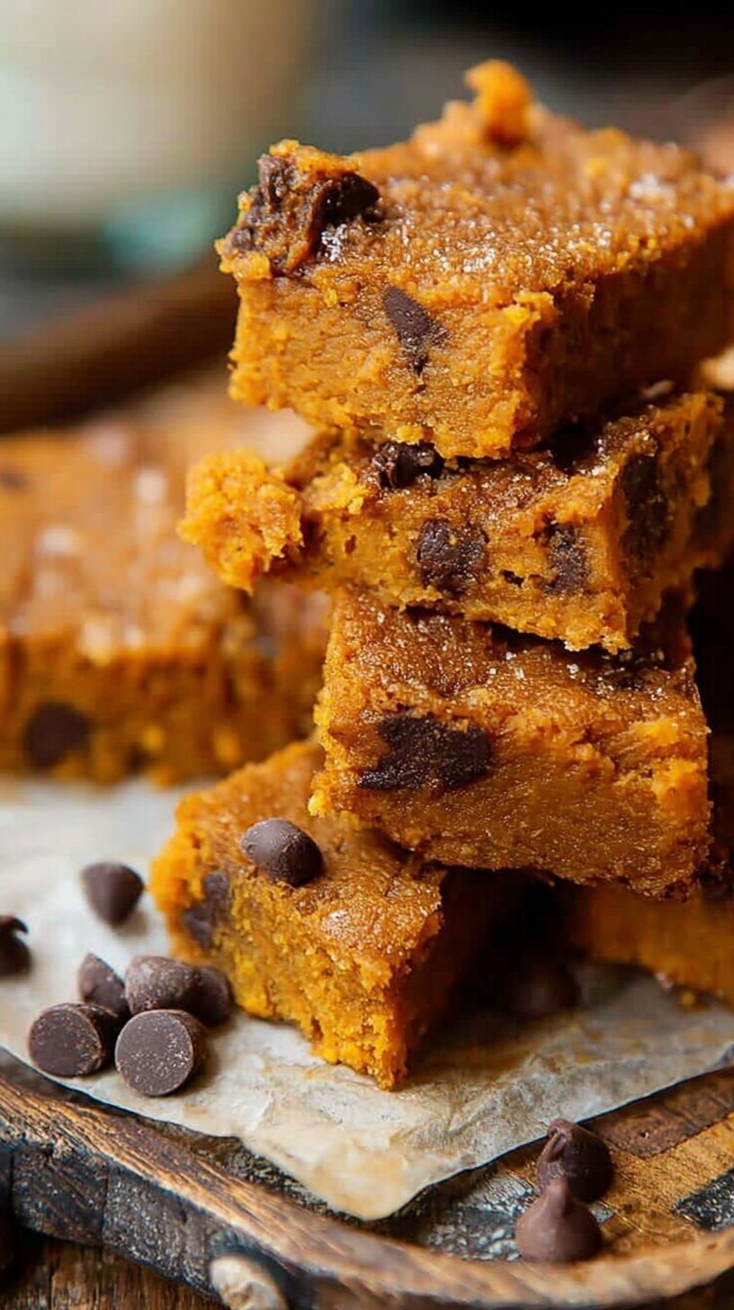 A stack of fudgy sweet potato blondies with melted chocolate chips on a parchment-lined tray