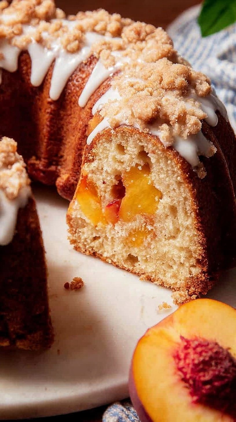 A golden brown Peach Cobbler Pound Cake with a crumble topping on a wire rack