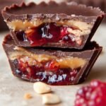 Mini dark chocolate cups filled with creamy peanut butter and red fruit jam on a cooling rack.