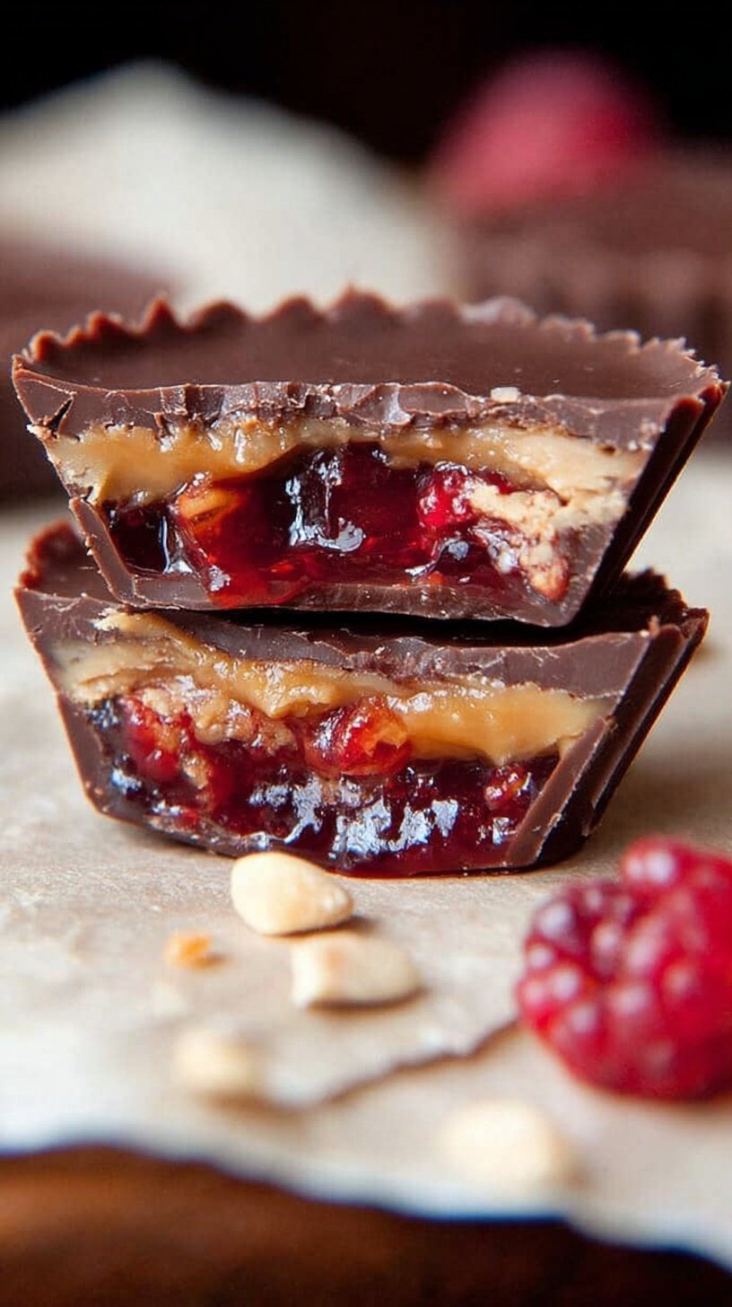Mini dark chocolate cups filled with creamy peanut butter and red fruit jam on a cooling rack.