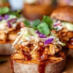 Golden roasted sweet potato rounds topped with shredded barbecue chicken, red onion, and fresh cilantro