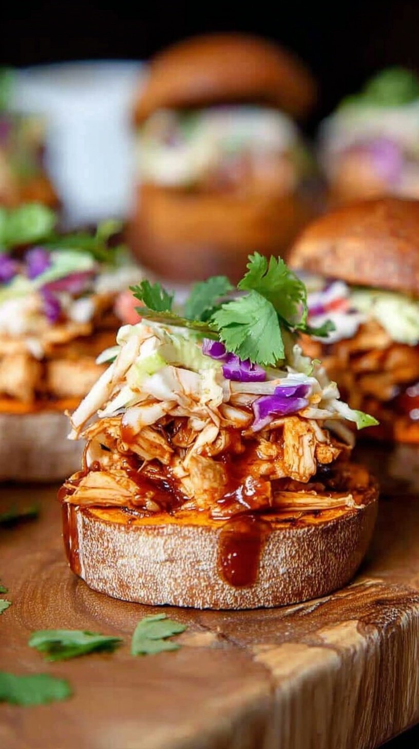 Golden roasted sweet potato rounds topped with shredded barbecue chicken, red onion, and fresh cilantro