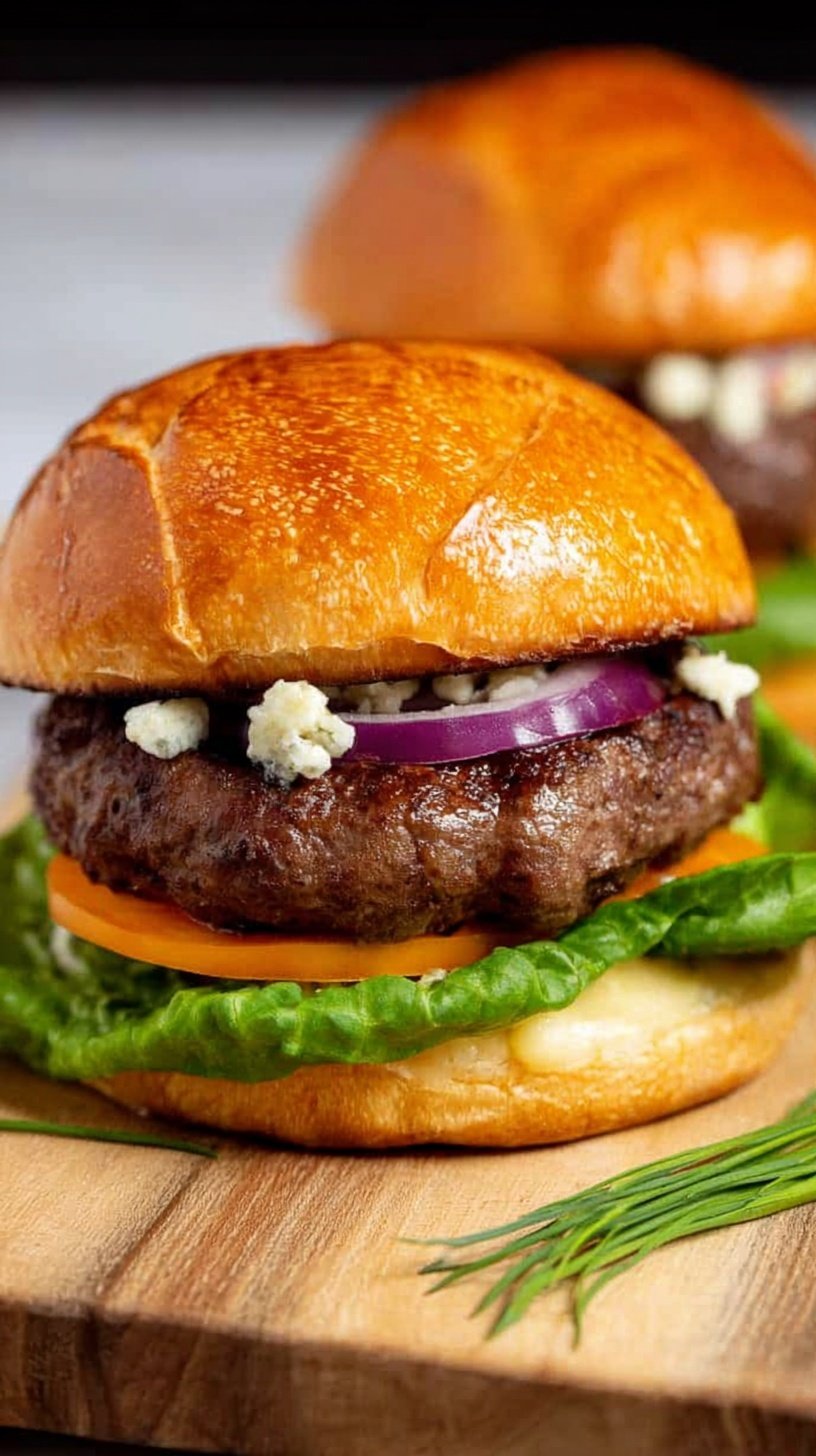 A juicy bison burger with melted cheddar cheese on a toasted brioche bun with lettuce and tomato