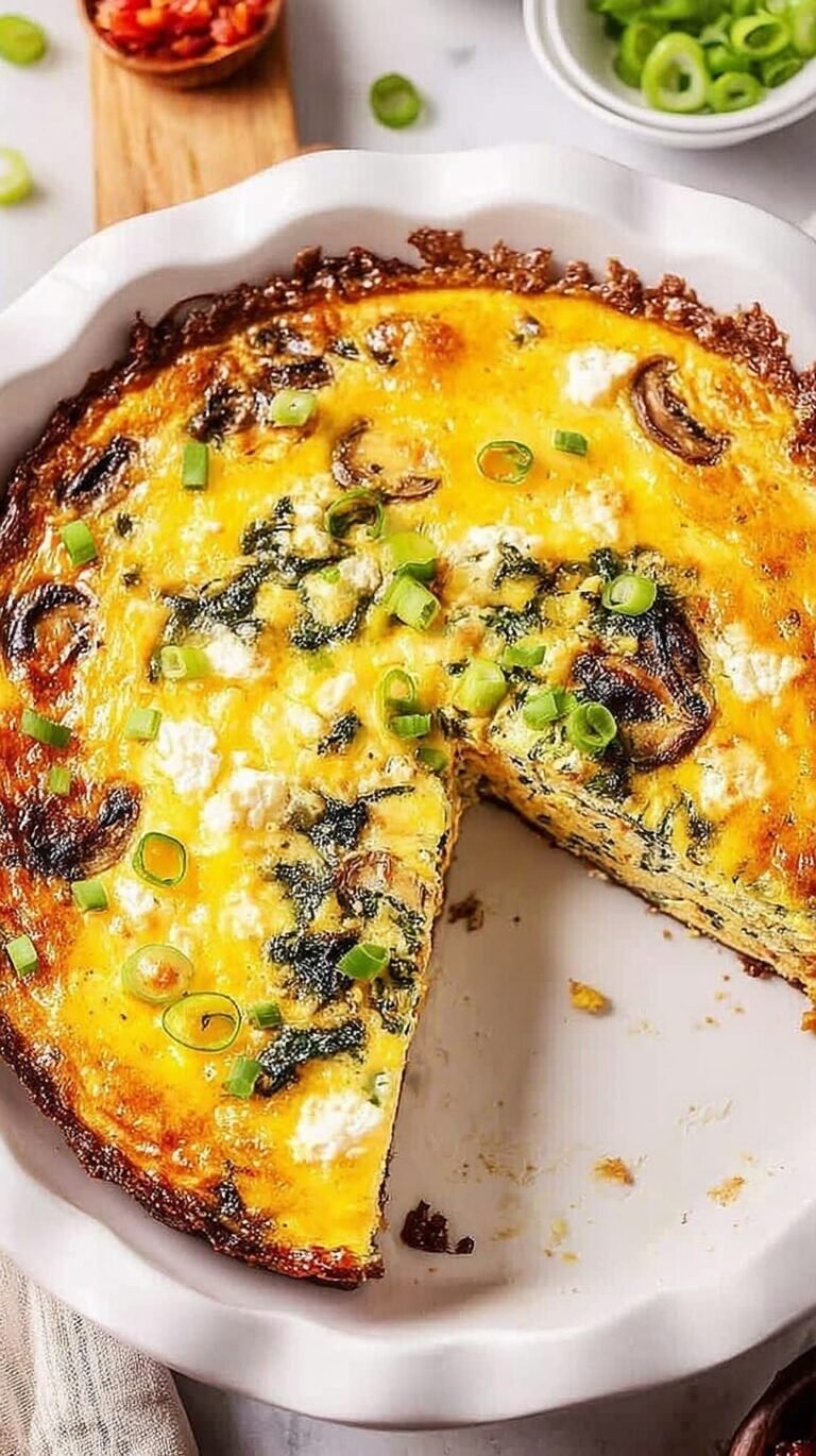 A golden gluten-free feta quiche with spinach in an almond flour crust on a table.
