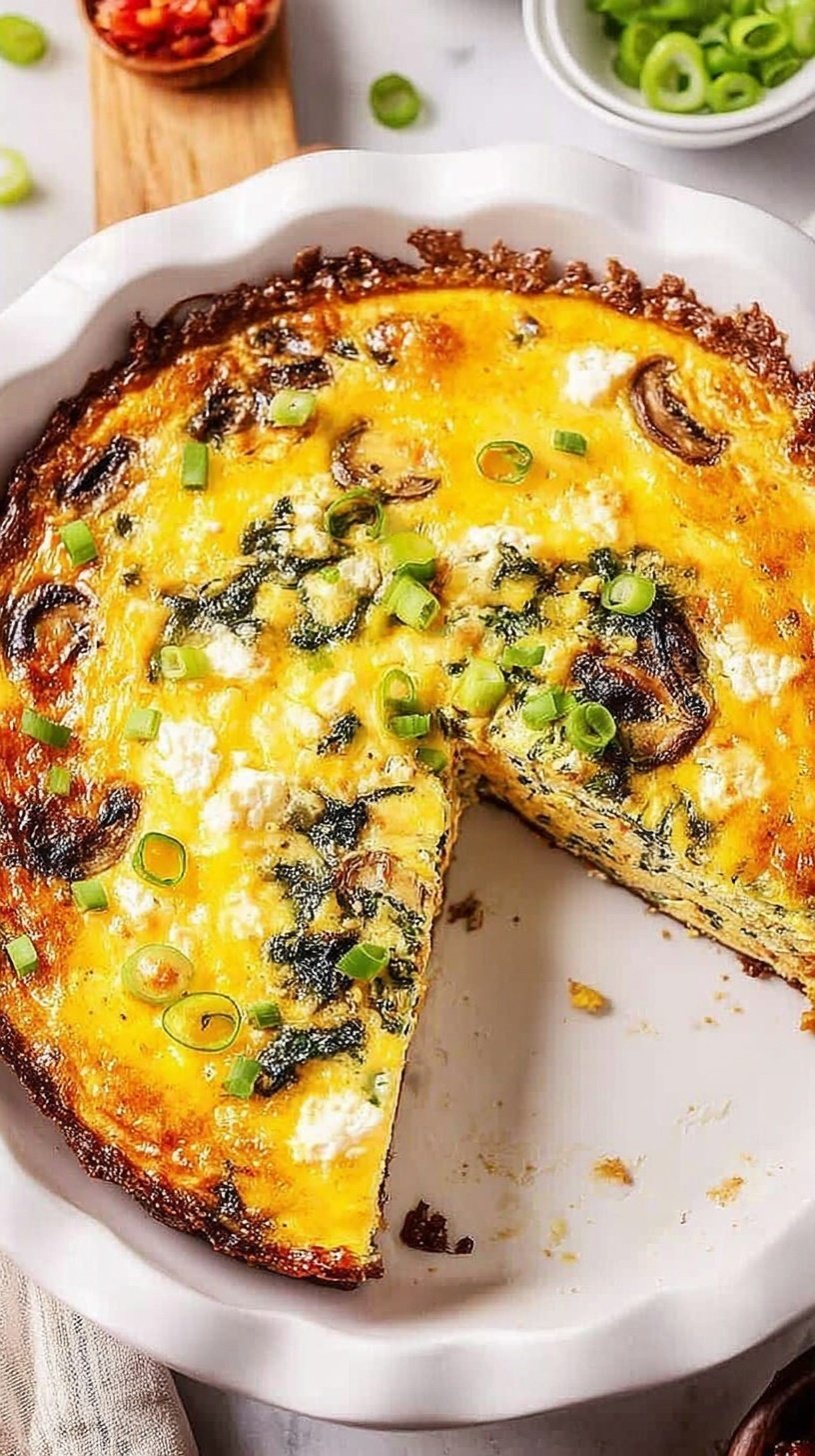 A golden gluten-free feta quiche with spinach in an almond flour crust on a table.