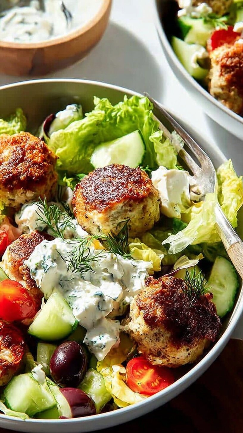Golden brown baked chicken meatballs with feta cheese and fresh herbs on a baking sheet