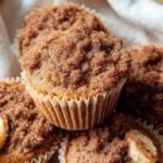 A stack of golden brown healthy banana muffins with a crunchy oat crumble topping on a wire cooling rack.