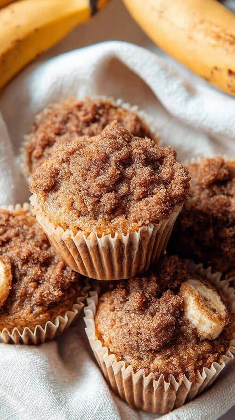 A stack of golden brown healthy banana muffins with a crunchy oat crumble topping on a wire cooling rack.