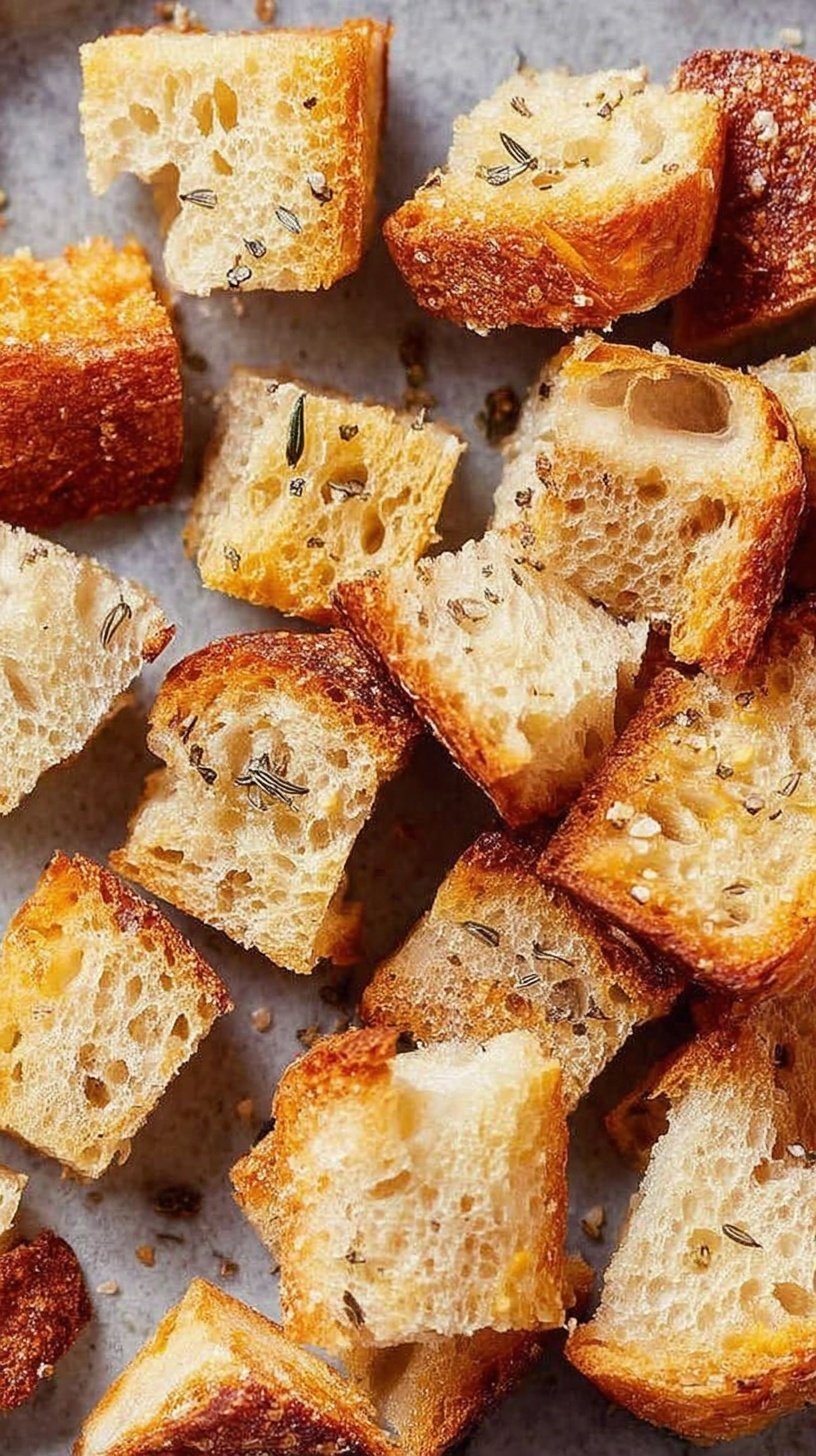 Golden brown sourdough bread croutons on a baking sheet with herbs