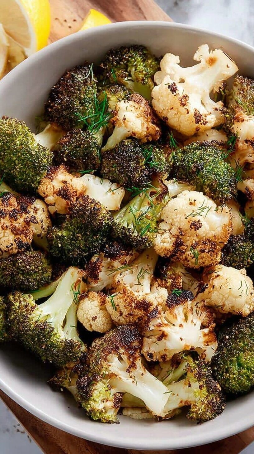Golden brown roasted broccoli and cauliflower florets in an air fryer basket with lemon wedges