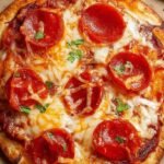 A crispy tortilla pizza with melted mozzarella and mini pepperoni in an air fryer basket