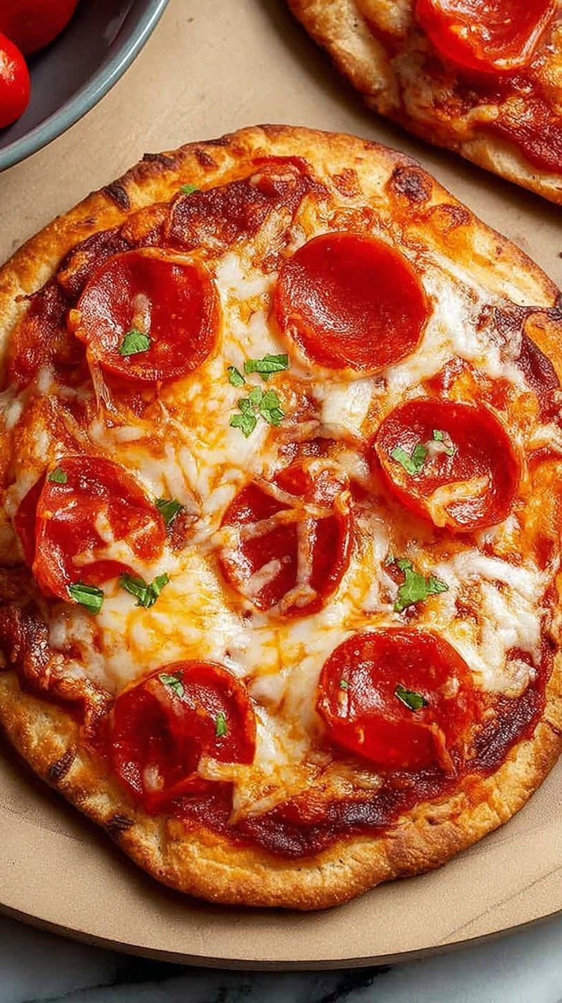 A crispy tortilla pizza with melted mozzarella and mini pepperoni in an air fryer basket