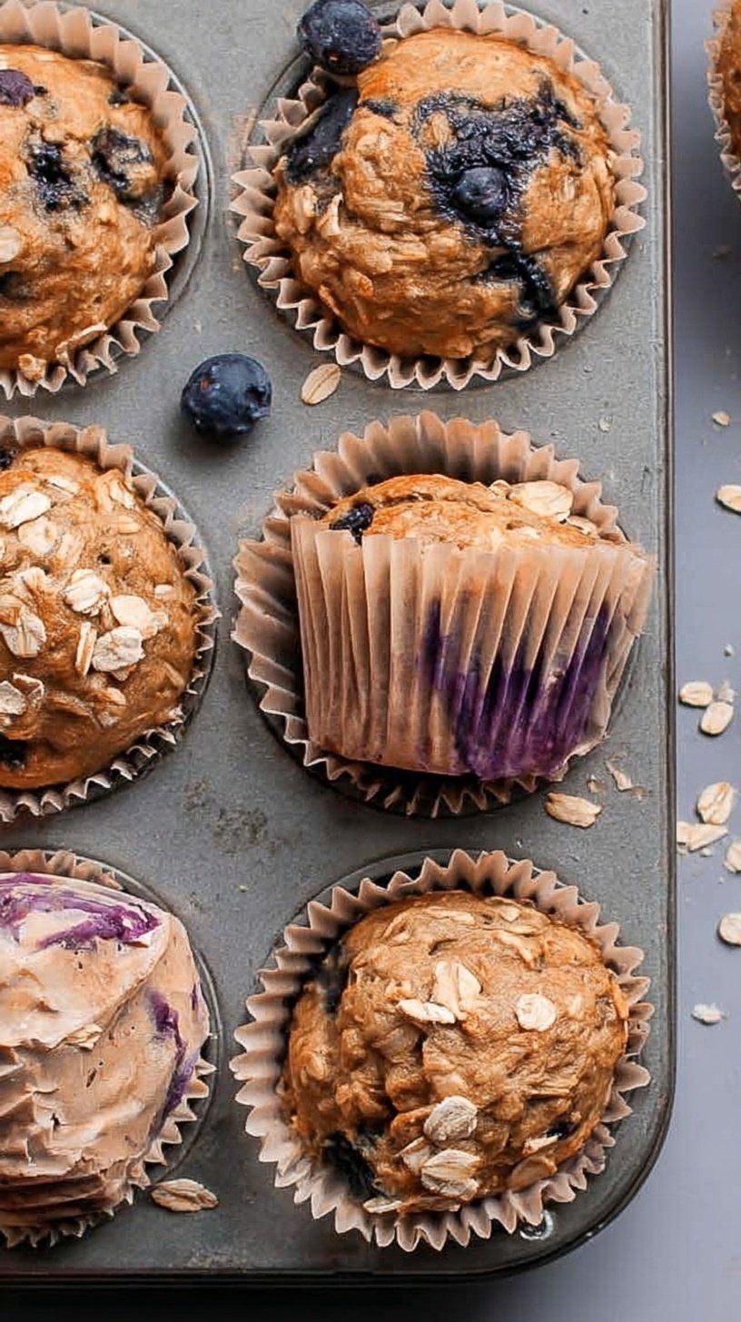 A stack of fresh blueberry banana oatmeal muffins on a wire cooling rack