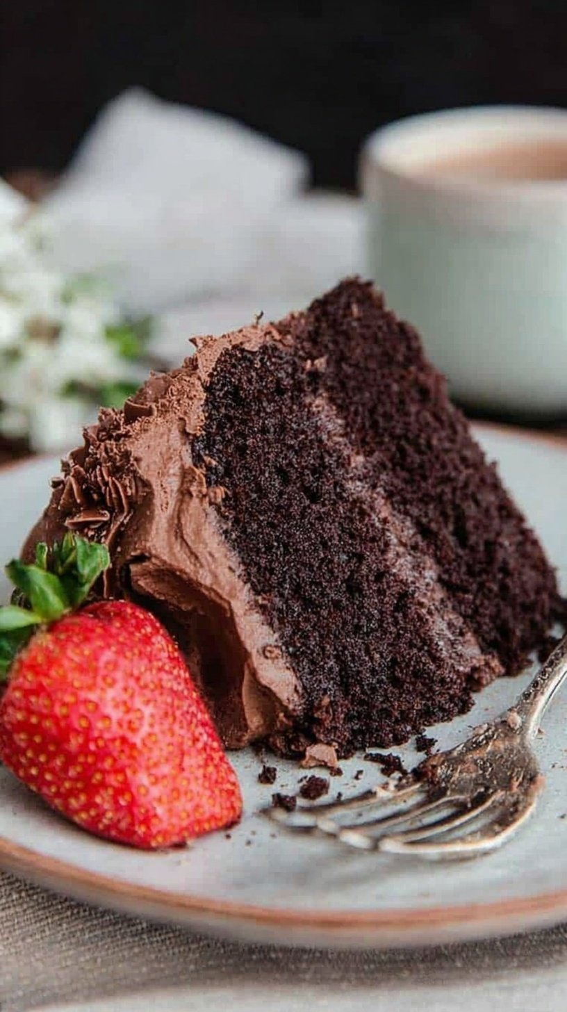 A slice of moist chocolate cake made with almond flour on a white plate