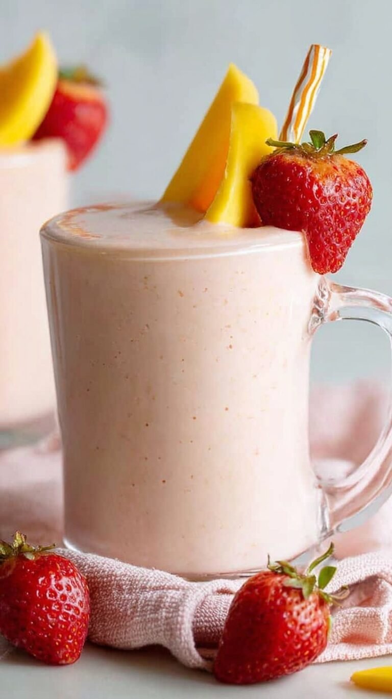 A bright pink and orange fruit smoothie in two glasses with fresh strawberry garnishes.