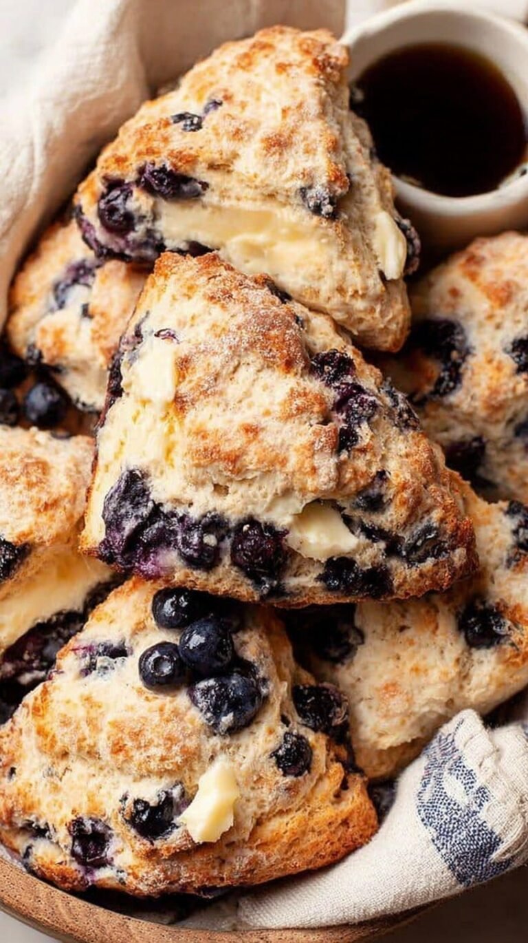 Freshly baked blueberry scones with a golden sugar crust on a wire cooling rack