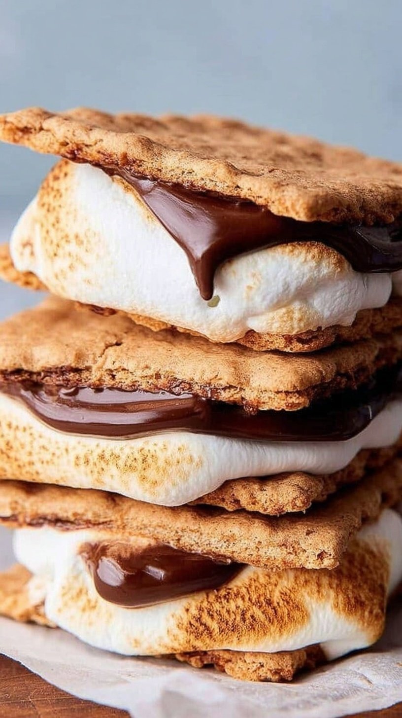 Golden brown toasted marshmallows on graham crackers with melted chocolate inside an air fryer