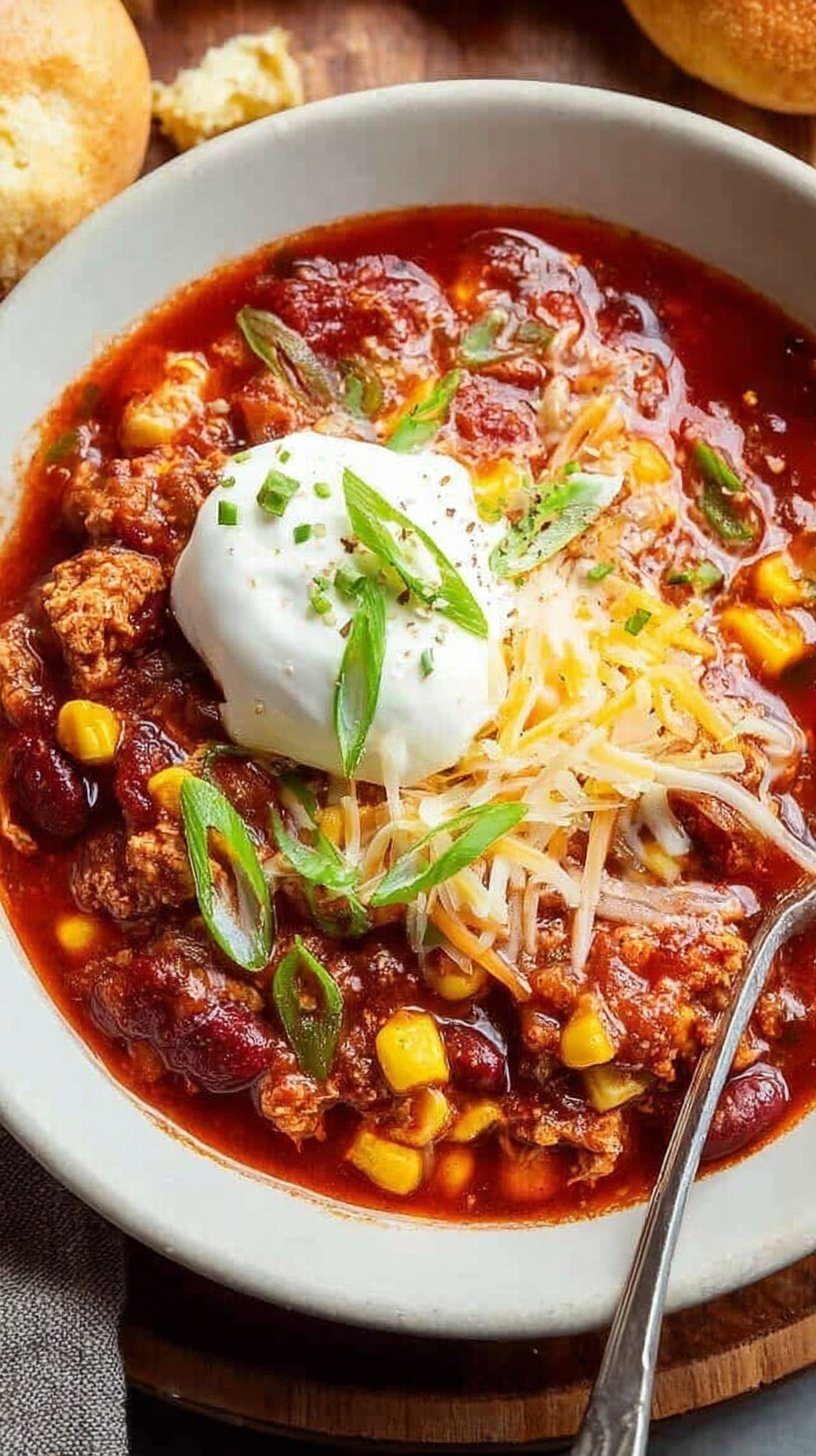 A bowl of thick turkey chili topped with fresh cilantro and lime wedges