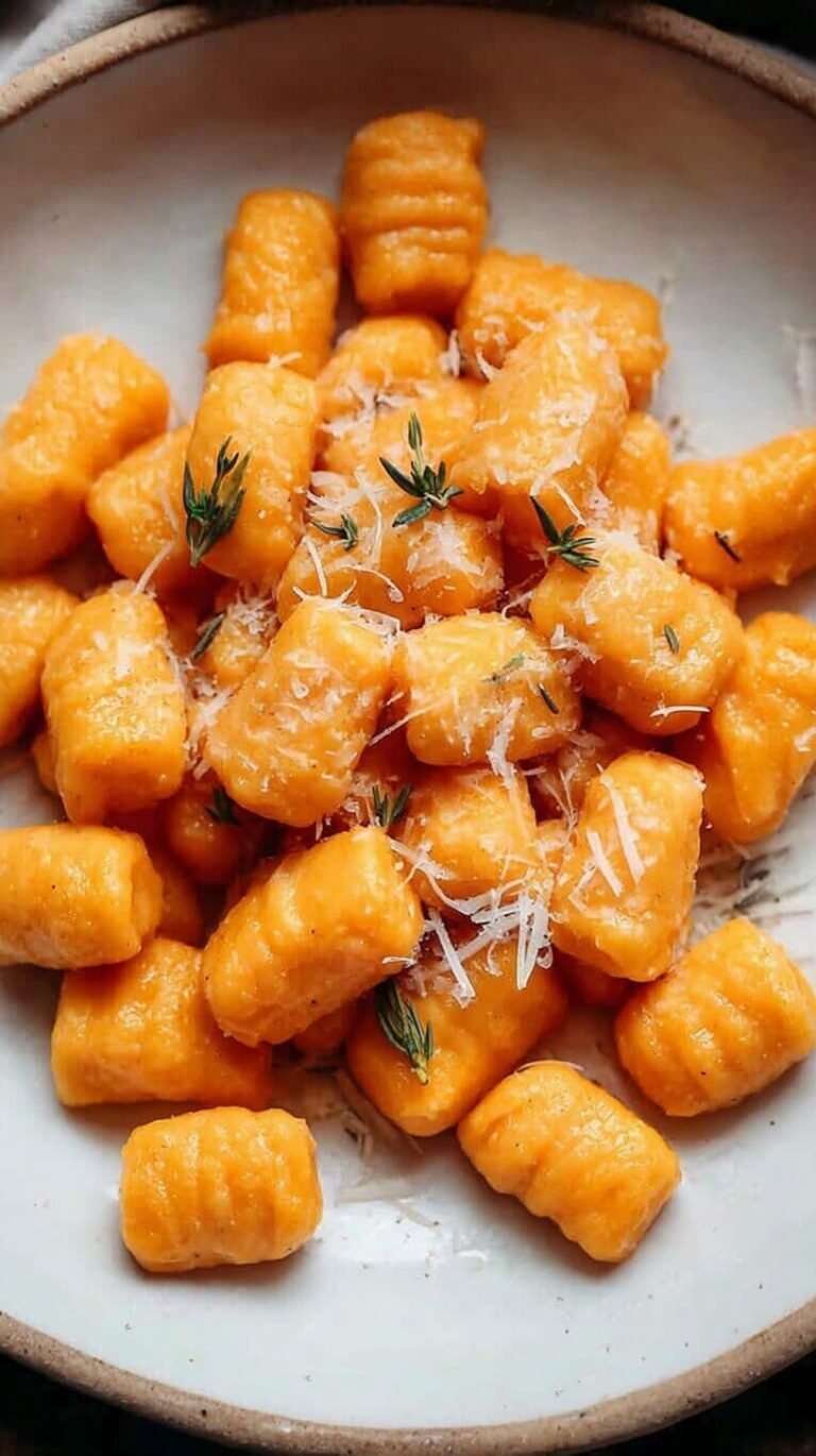 A plate of golden sweet potato gnocchi served with butter and herbs