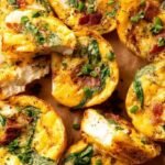 A tray of colorful keto egg bites with different toppings like bacon, spinach, and red pepper.