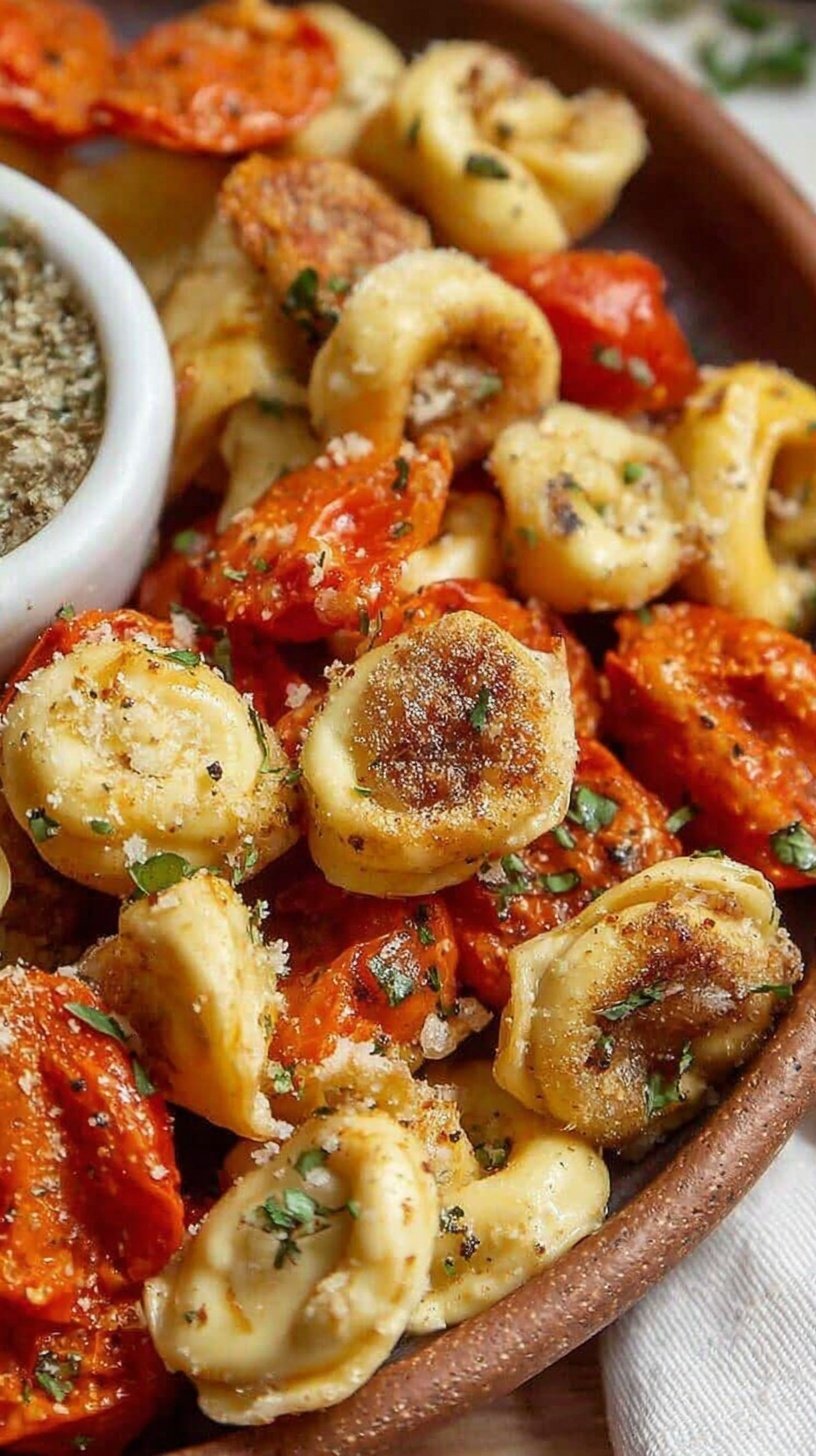 Golden brown breaded tortellini in an air fryer basket served with marinara sauce