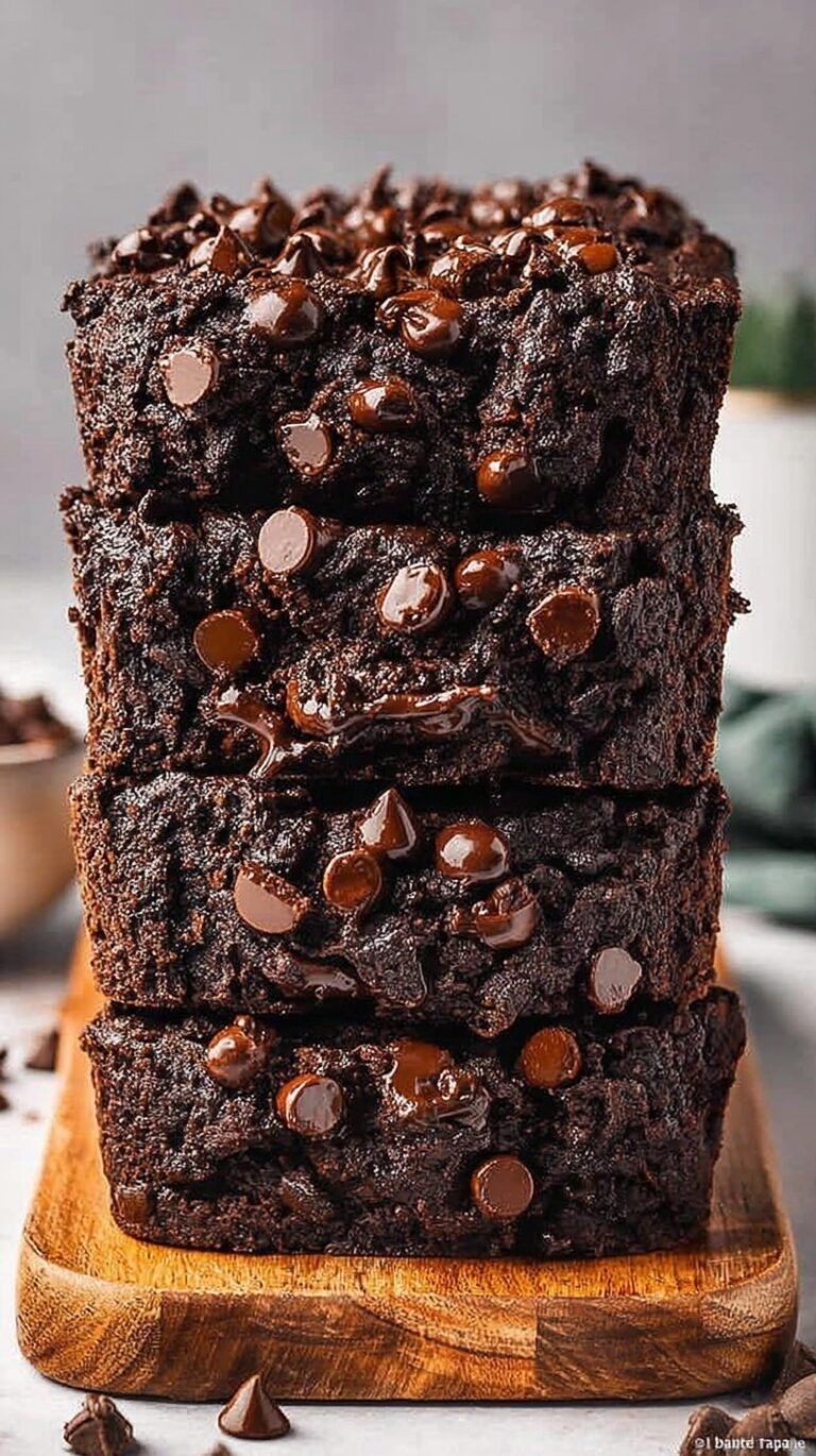 A sliced loaf of dark chocolate zucchini banana bread with melted chocolate chips on top.