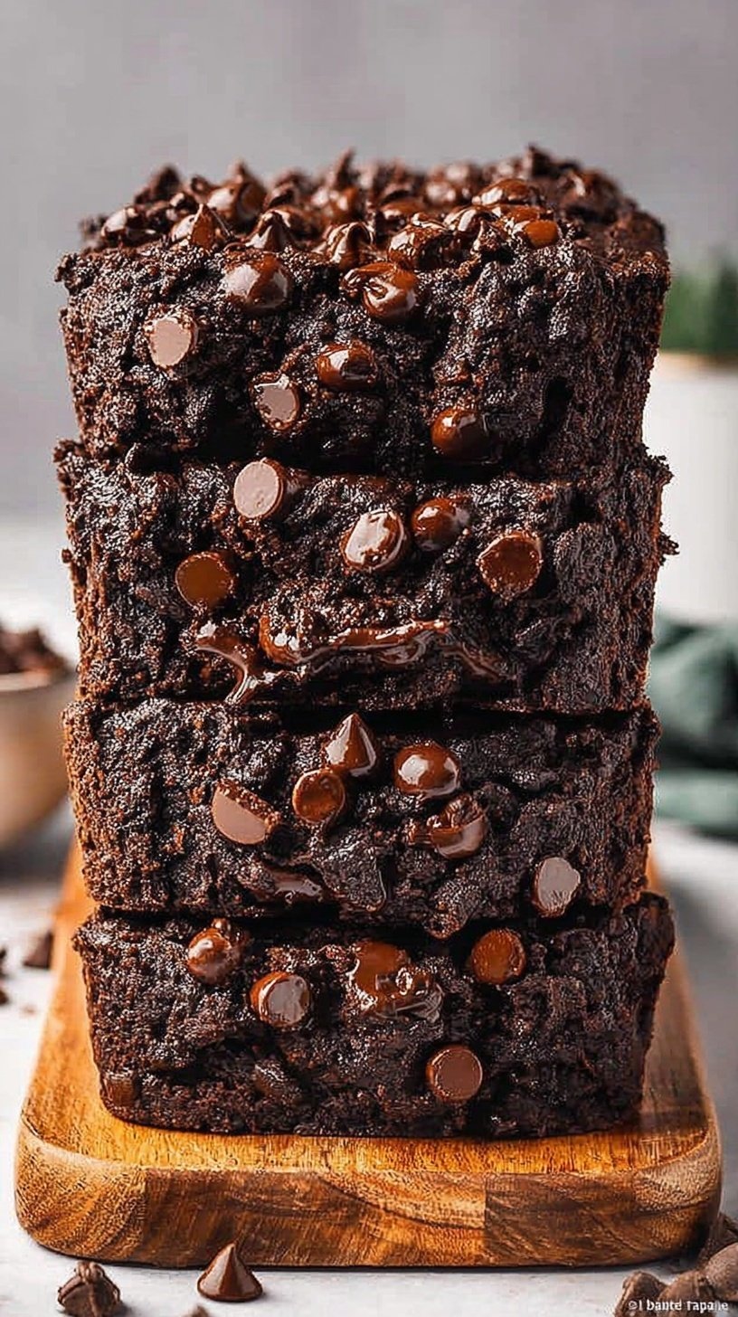 A sliced loaf of dark chocolate zucchini banana bread with melted chocolate chips on top.