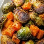 A sheet pan of roasted sweet potatoes and Brussels sprouts with pecans and cranberries