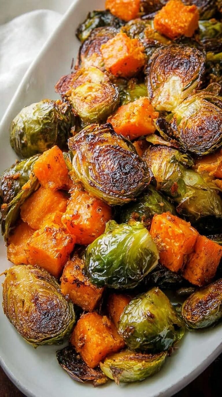 A sheet pan of roasted sweet potatoes and Brussels sprouts with pecans and cranberries