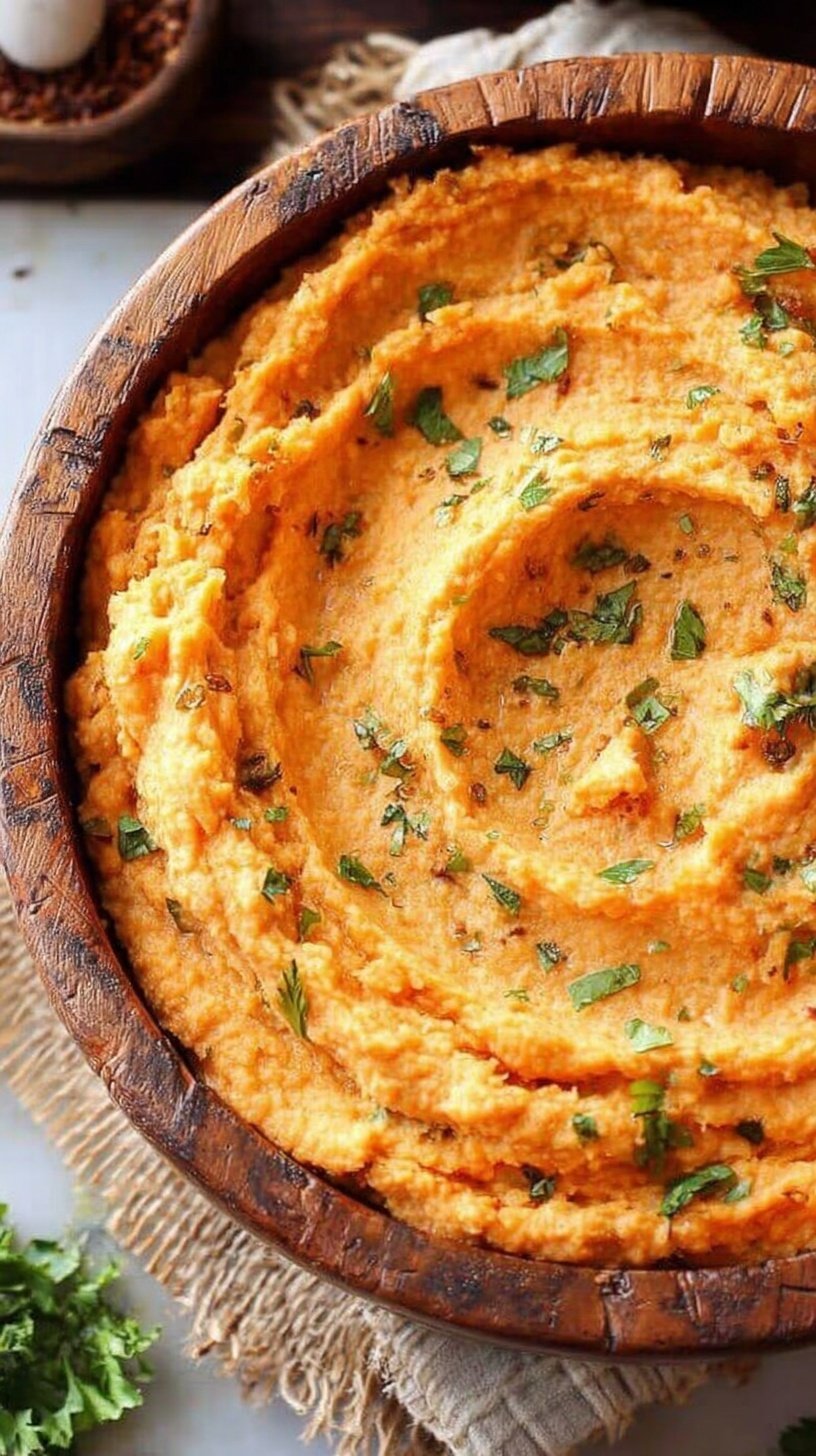 A bowl of vibrant orange sweet potato cauliflower mash garnished with fresh green chives and a pat of melting butter.