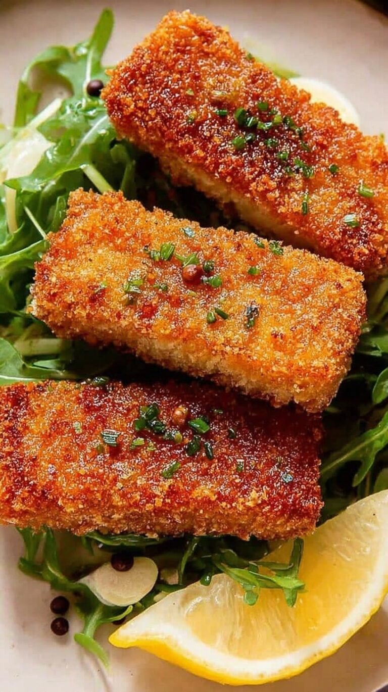 Golden brown crispy tofu schnitzel on a plate with lemon wedges and fresh parsley