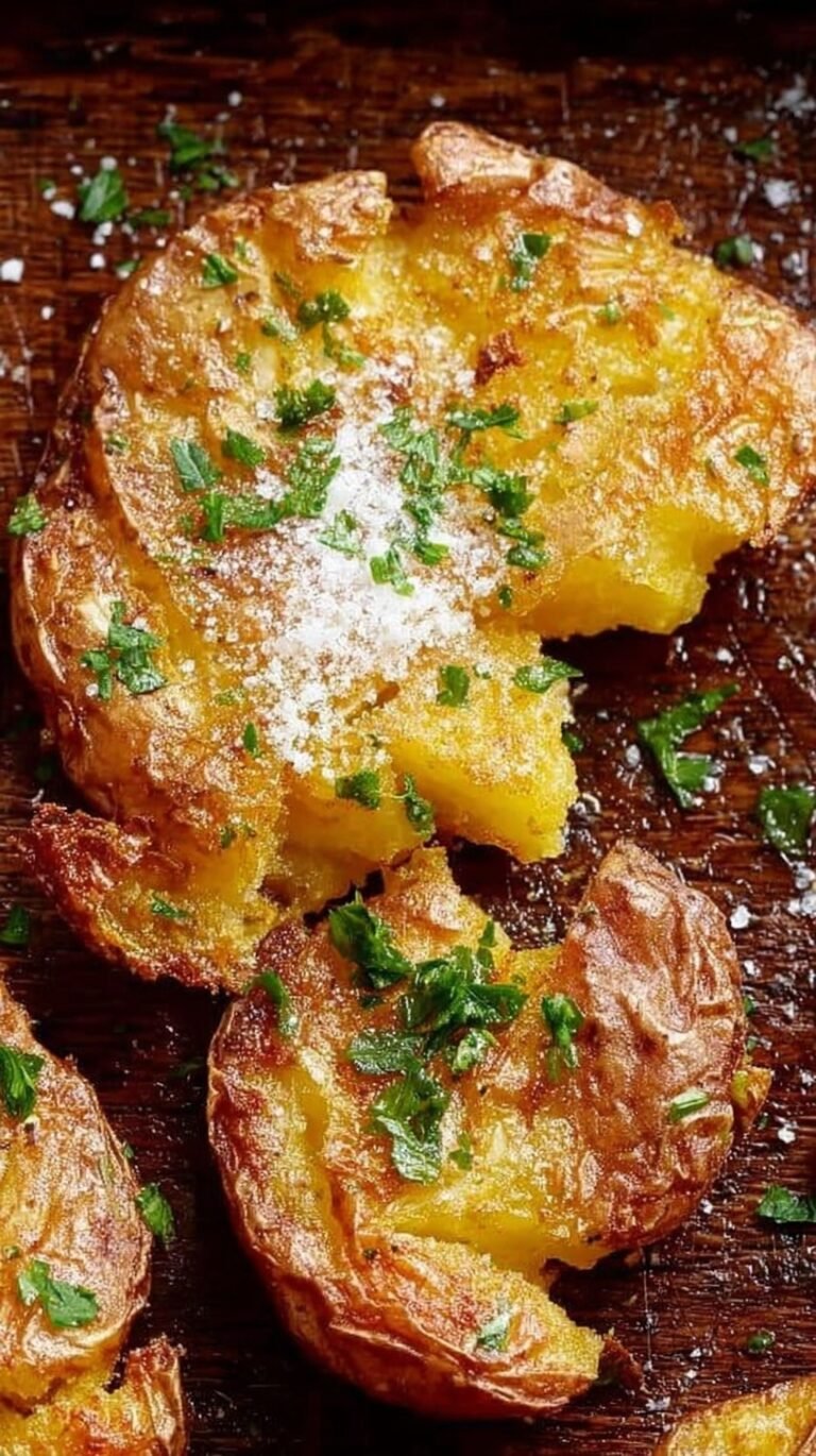 Golden brown crispy smashed fingerling potatoes seasoned with rosemary and garlic on a parchment-lined baking sheet.