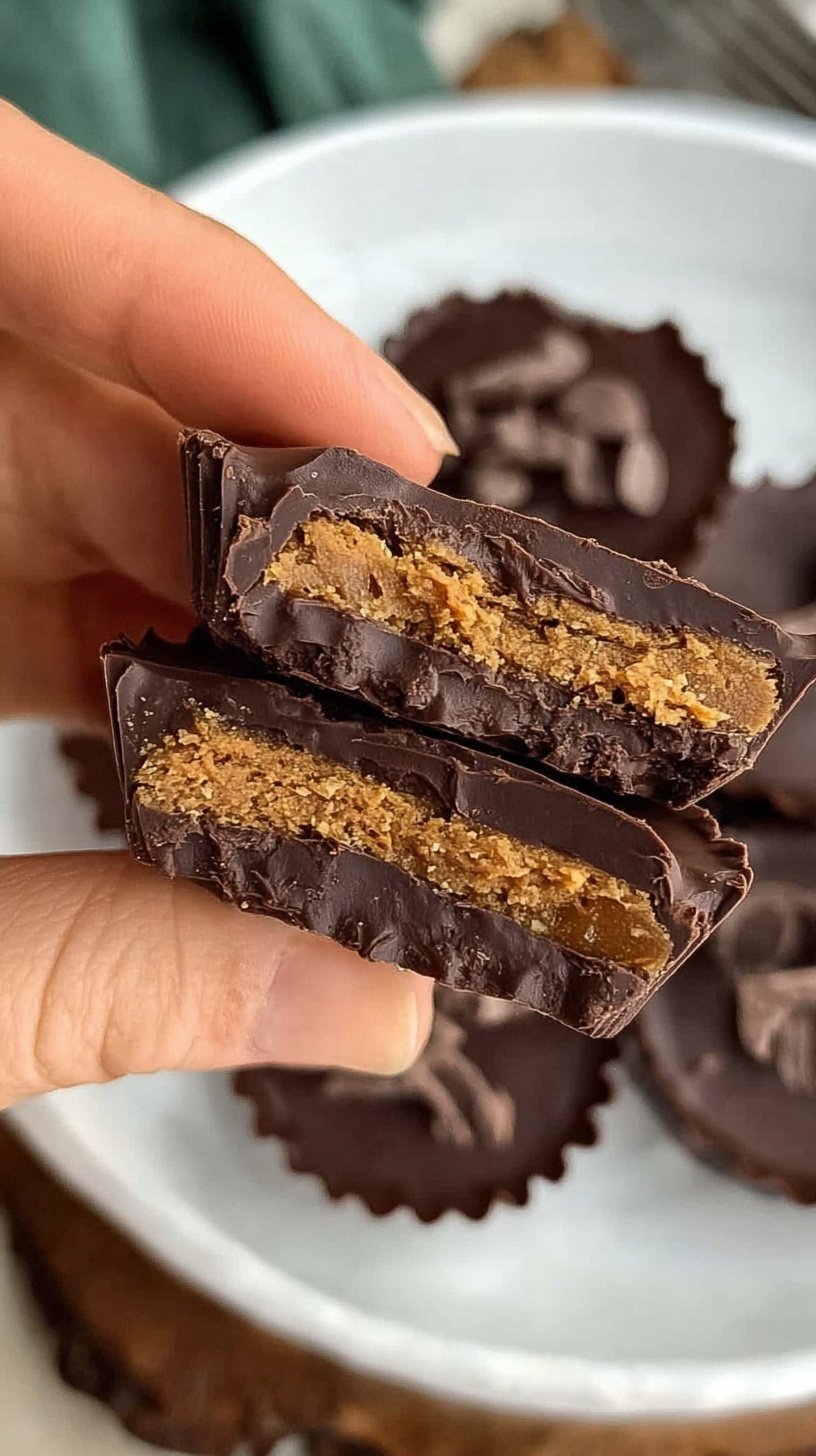Mini dark chocolate cups filled with spiced pumpkin puree on a wooden board.