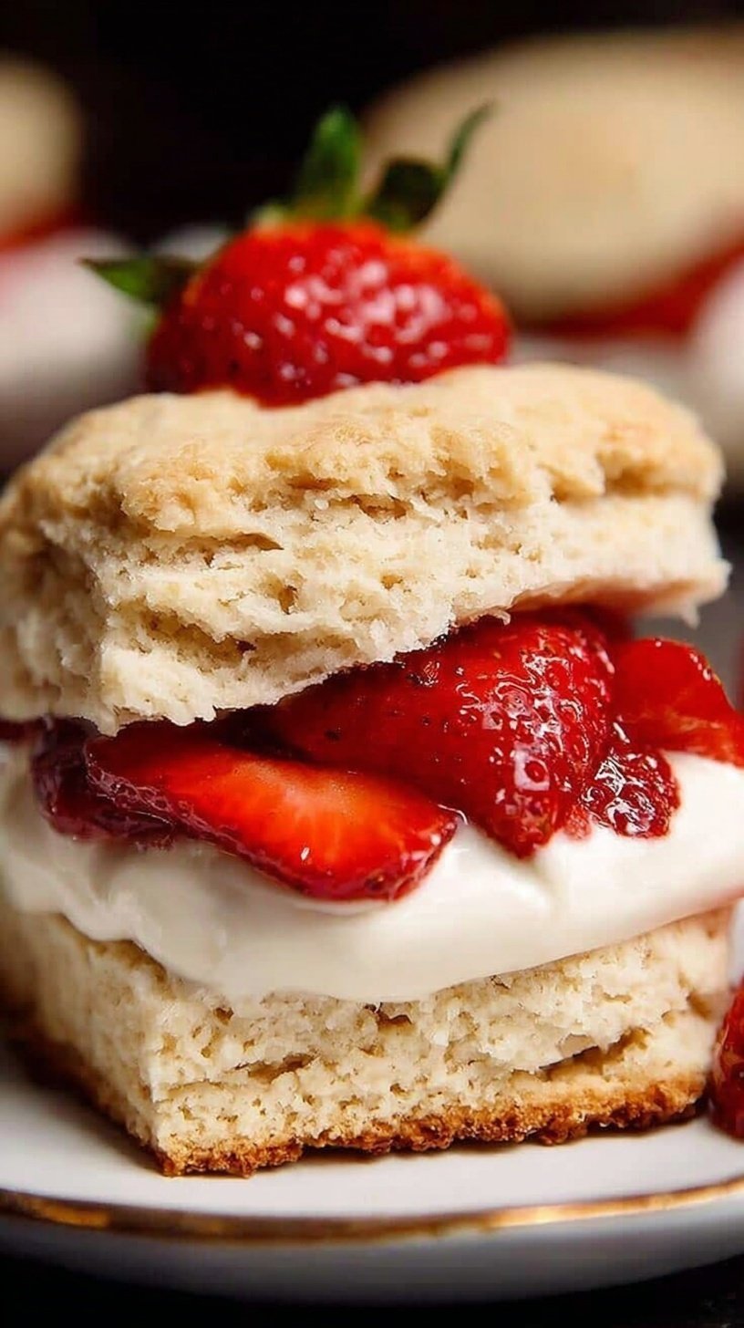 A stack of gluten-free strawberry shortcakes with fresh whipped cream and sliced berries on a white plate