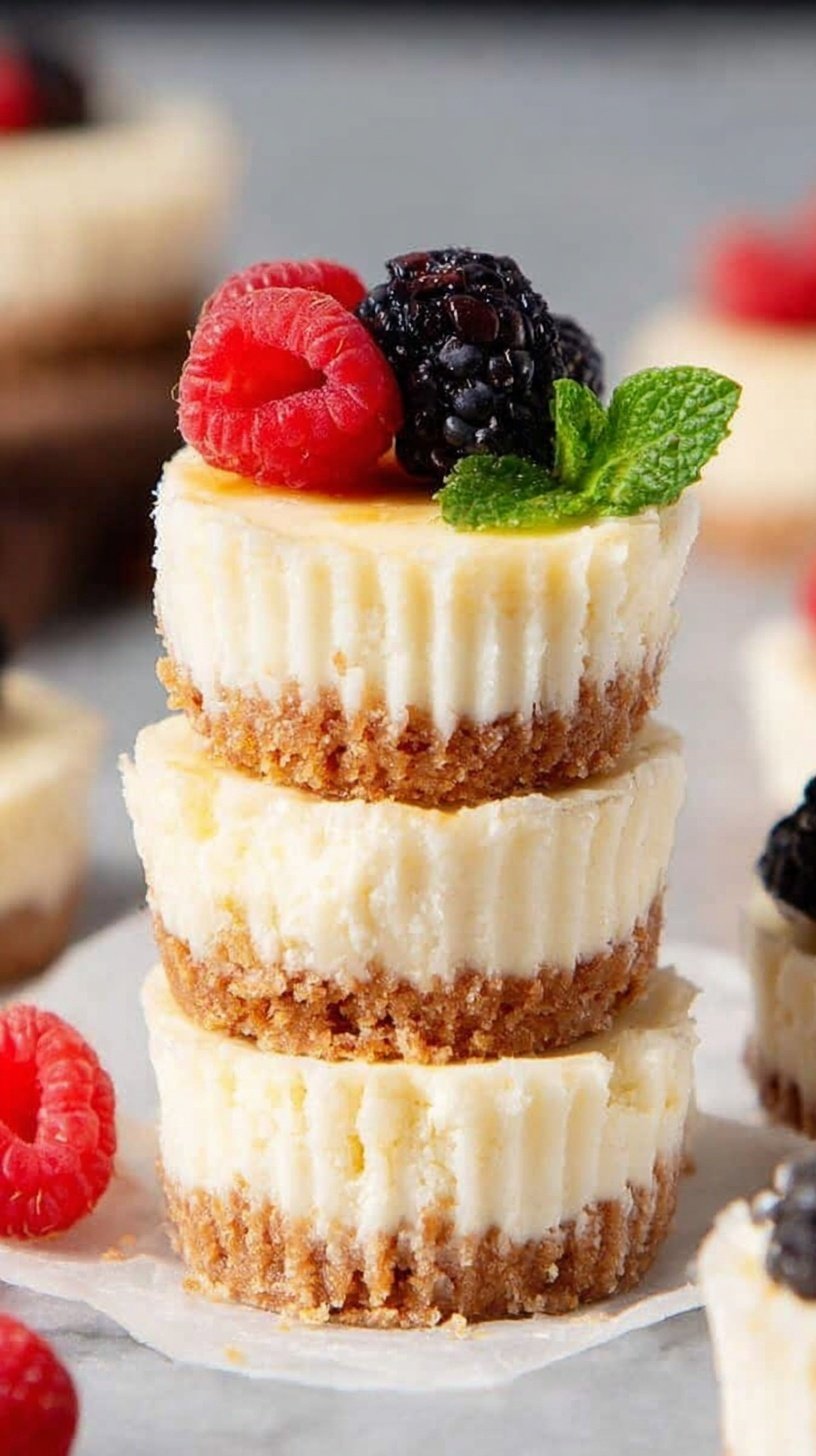 Mini protein cheesecakes in a muffin tin with graham cracker crust