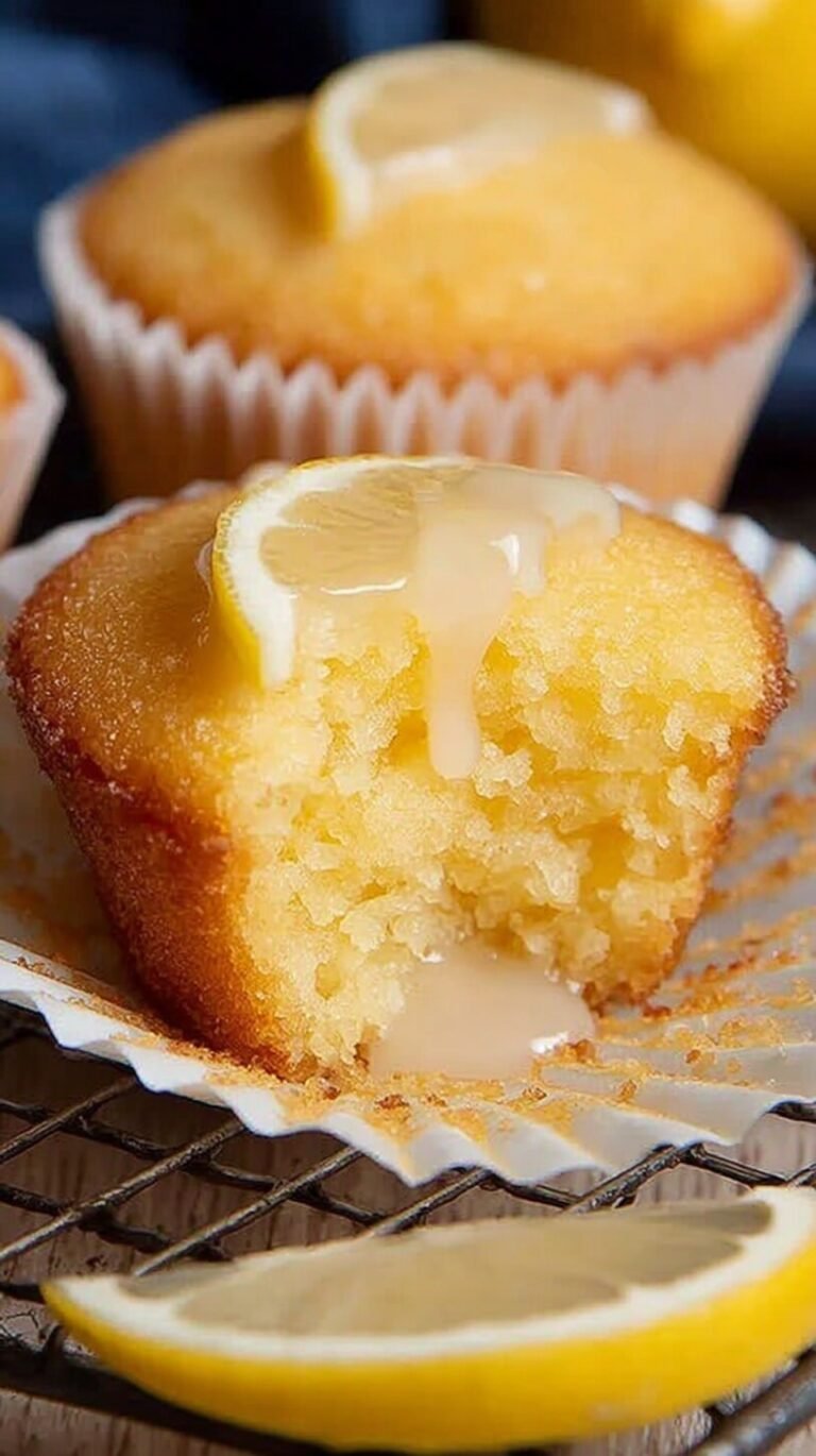 A tray of golden lemon drizzle cupcakes with a sparkling sugar glaze and fresh lemon zest on top.