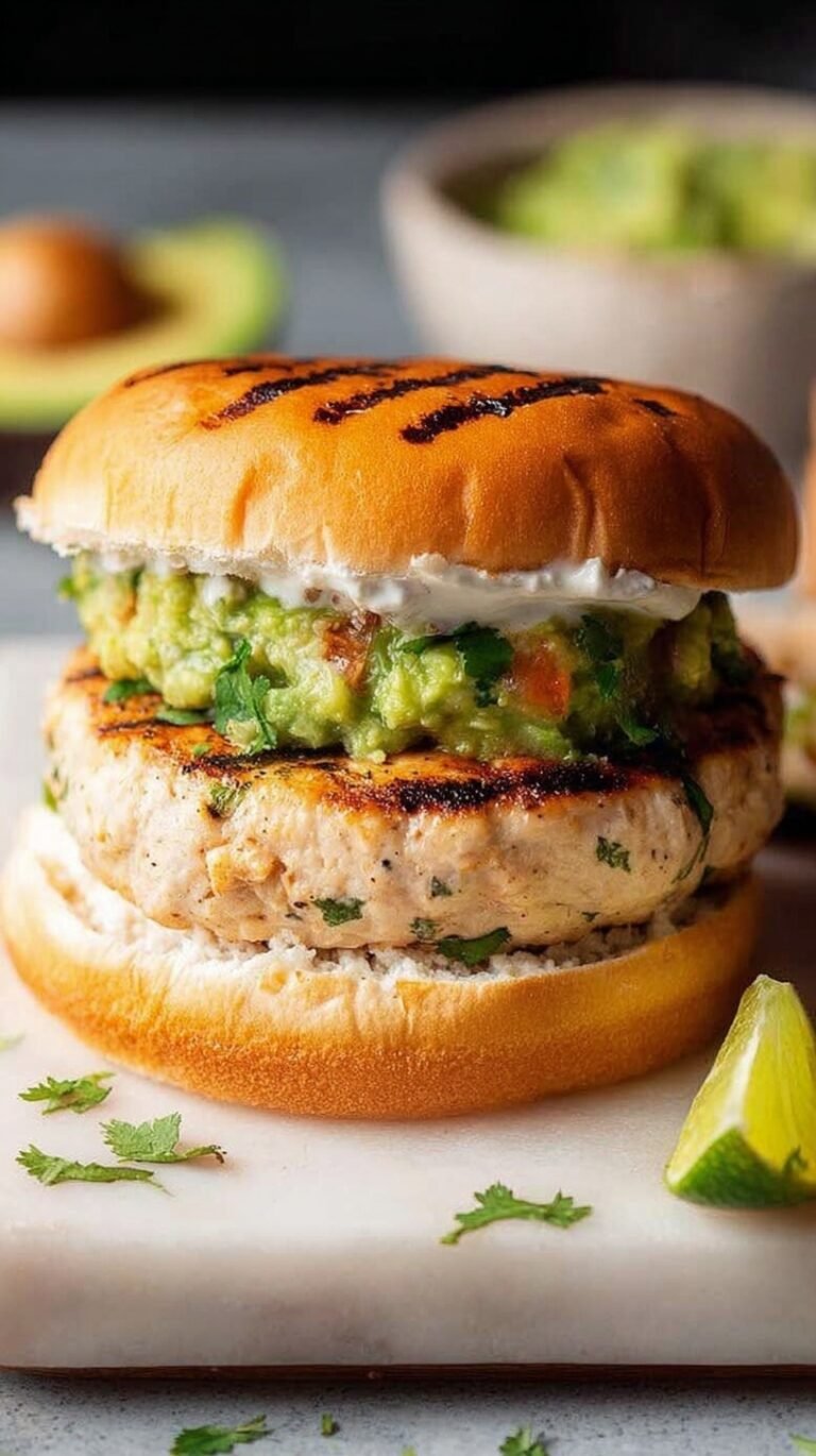 A golden-brown cilantro lime chicken burger on a toasted brioche bun with avocado and red onion.