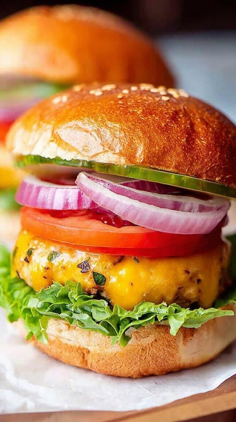 Four golden-brown chicken burger patties served on toasted buns with fresh lettuce and tomato