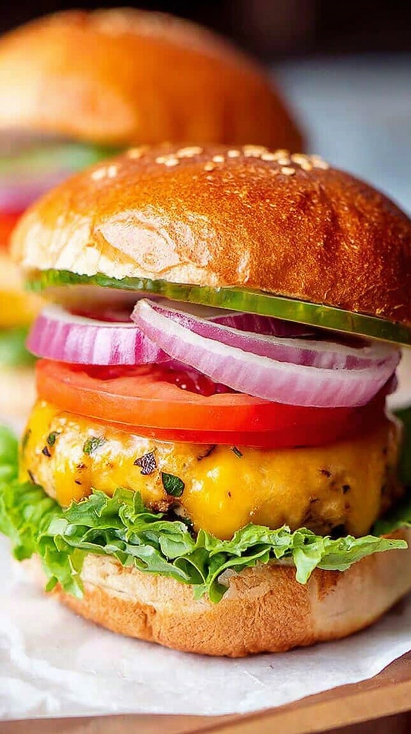 Four golden-brown chicken burger patties served on toasted buns with fresh lettuce and tomato
