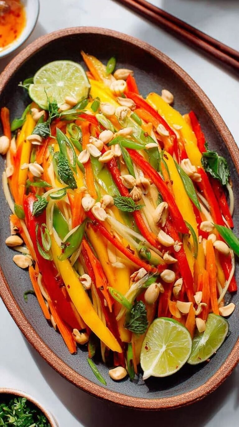 A vibrant bowl of shredded green mango salad with shallots, herbs, and peanuts