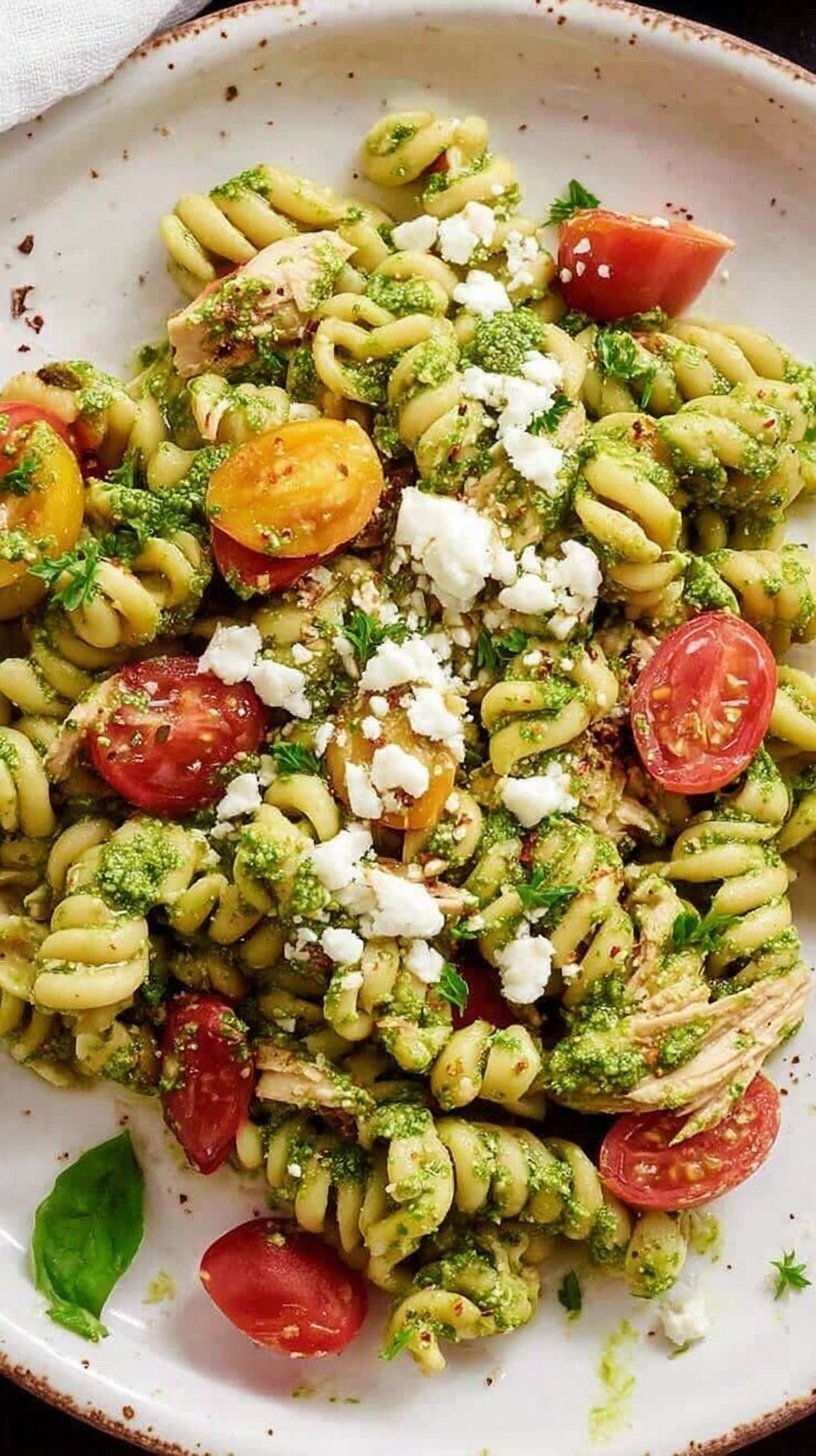 A bowl of tuna pesto pasta with cherry tomatoes and fresh basil