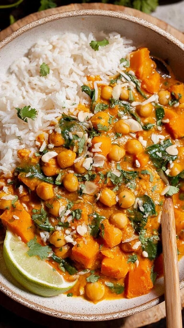 A steaming bowl of yellow butternut squash and chickpea curry topped with fresh cilantro